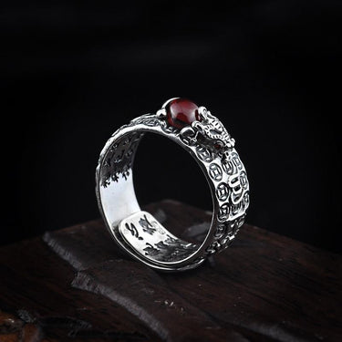 Natural Garnet & 925 Sterling Silver LUCKY PIXIU OM Mantra Ring